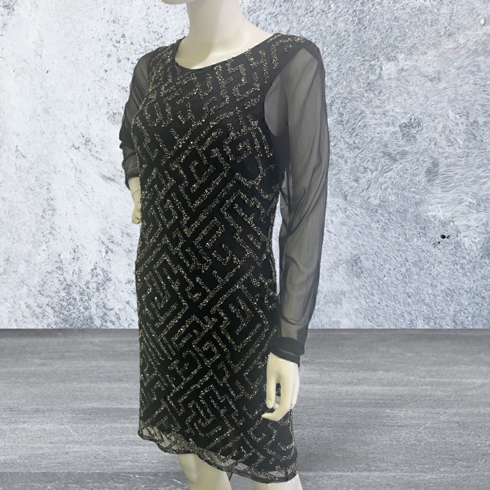 Aidan Mattox Long Sheer Sleeve Beaded Short Black Dress